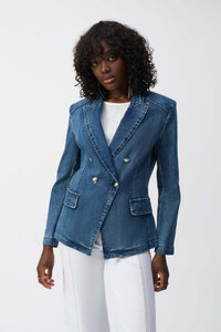 Stretch denim double breasted blazer