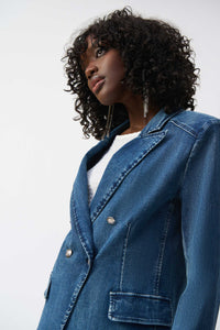 Stretch denim double breasted blazer