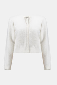 Feather Yarn Cardigan with Rhinestone Bow