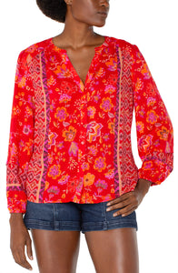 Button Front Red Floral Blouse