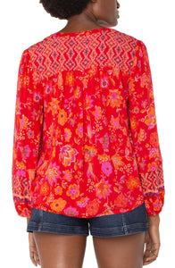 Button Front Red Floral Blouse