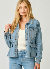 Load image into Gallery viewer, Peplum Washed Denim Jacket
